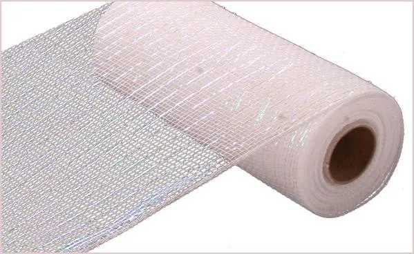 10" Deco Poly Mesh: Metallic White with White Iridescent Foil