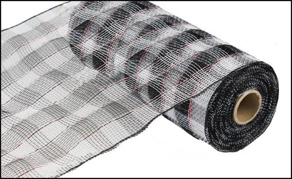 10" Deco Poly Mesh: White and Black Plaid with Red Foil