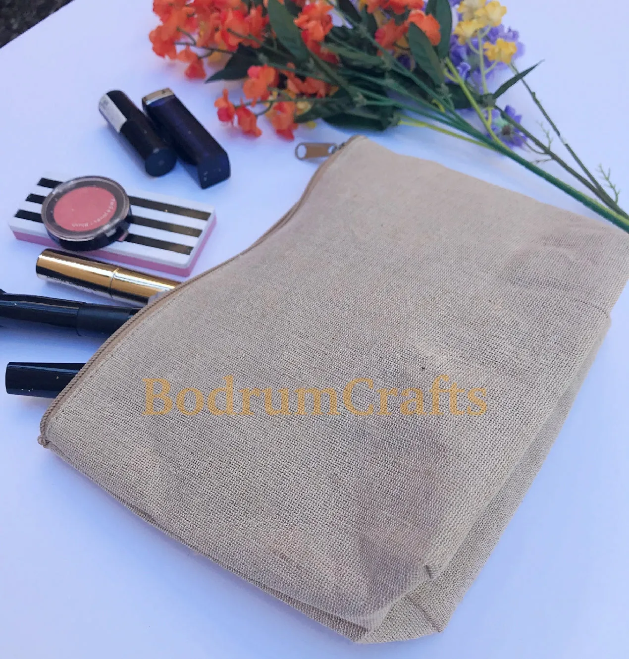 10" Jute Large Makeup Bag, Pouch Purse Cosmetic Organizer