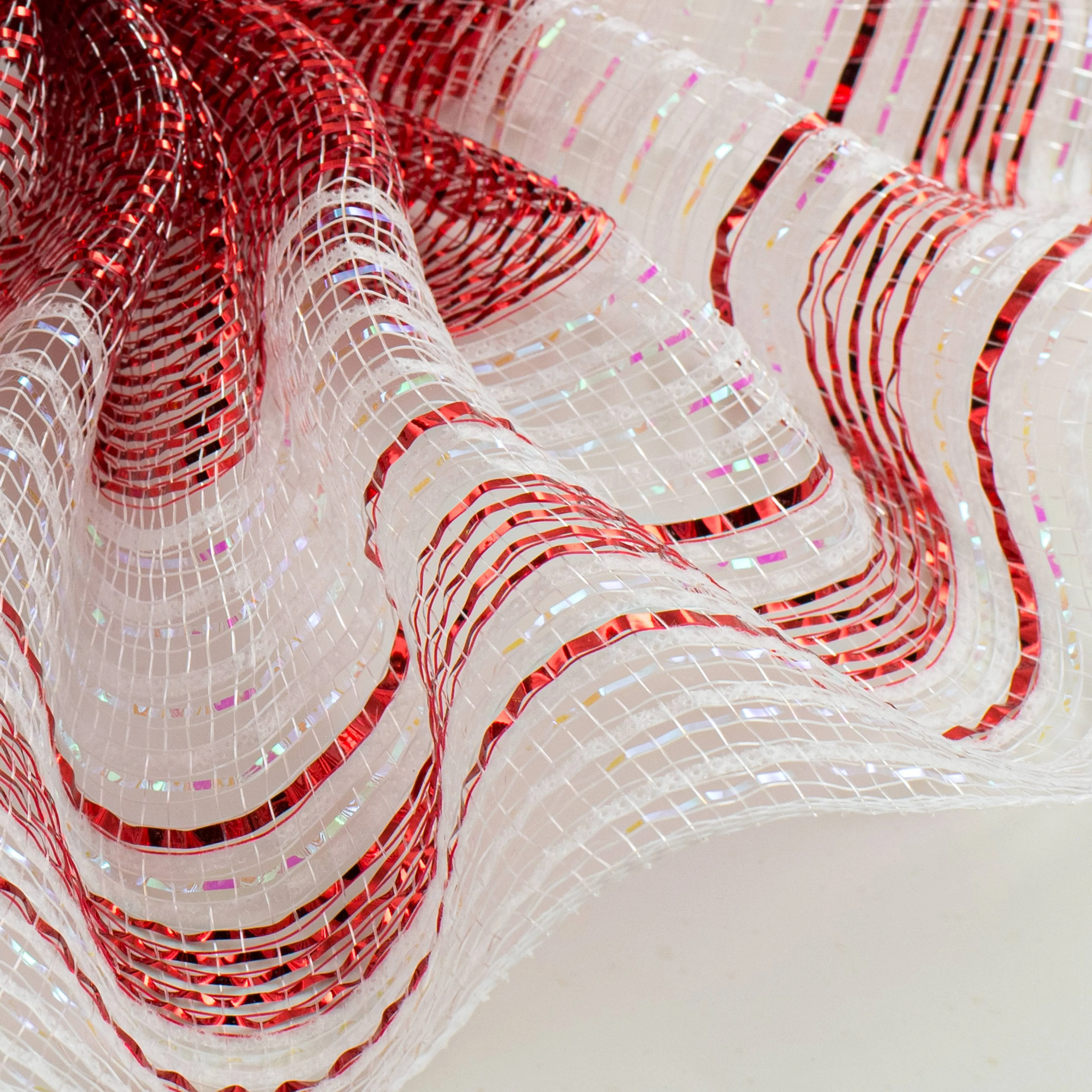 10" Metallic & Iridescent Peppermint Stripe Mesh: Red & White