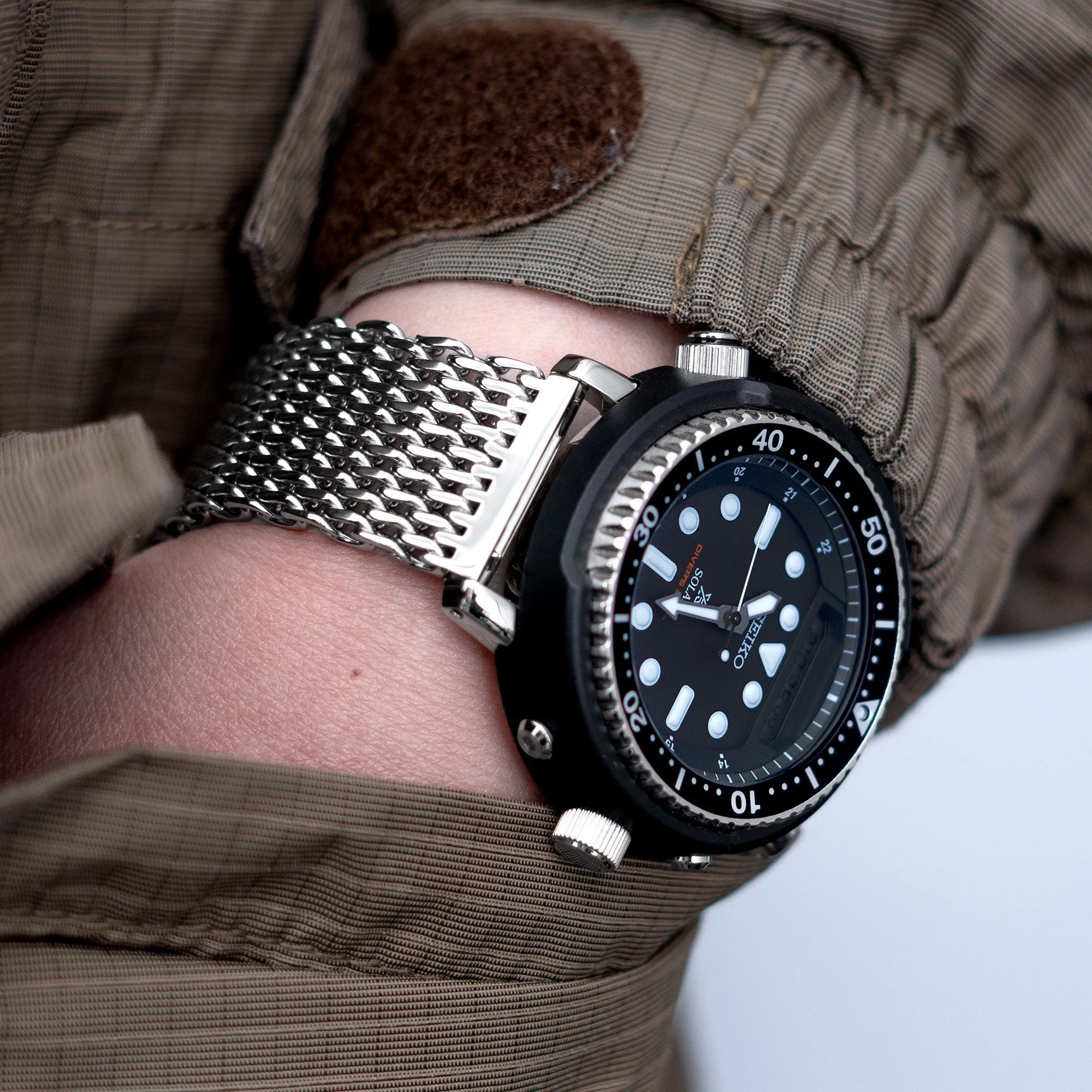 22mm Winghead SHARK Mesh Band Stainless Steel Watch Bracelet, Button Chamfer Clasp, Polished
