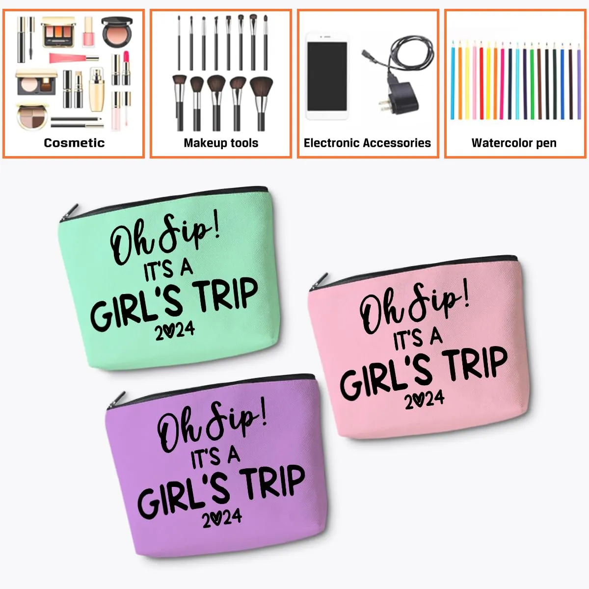 3 Pcs Girl Trip 2024 Makeup Bag Funny Girls Trip Gifts Favors Girls Weekend Gifts Weekender Bag Summer Vacation Birthday Christmas Cosmetic Bag Bachelorette Party Friendship Gifts for Women BFF Bestie