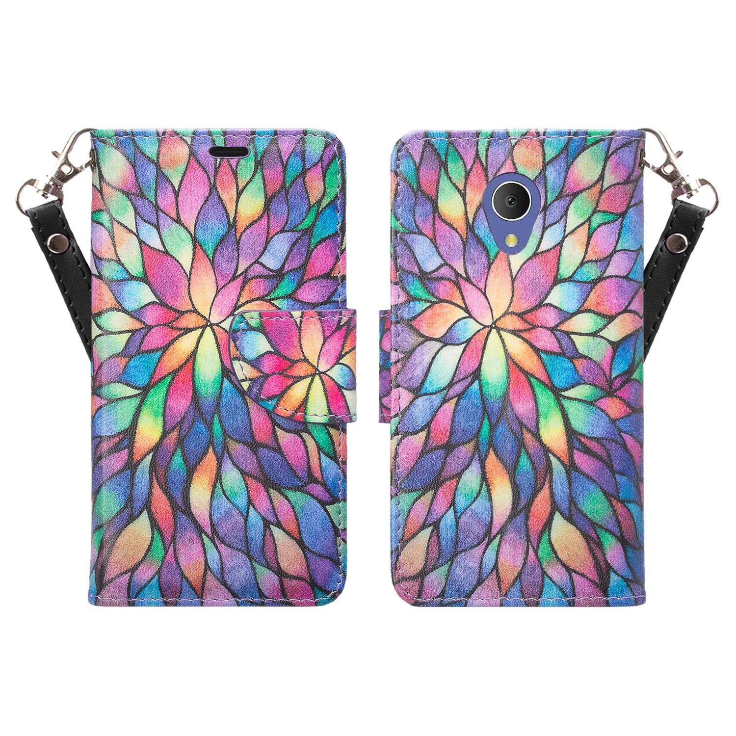 Alcatel 1x Evolve, TCL LX, Avalon V, IdealXTRA Case, Wrist Strap Magnetic Pu Leather Wallet Case [Kickstand] with ID & Credit Card Slots - Rainbow Flower