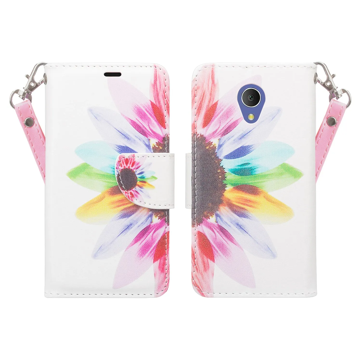 Alcatel 1x Evolve, TCL LX, Avalon V, IdealXTRA Case, Wrist Strap Magnetic Pu Leather Wallet Case [Kickstand] with ID & Credit Card Slots - Vivid Sunflower