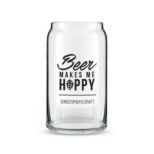 Beer Can Shaped Glass Personalized - Beer Makes Me Hoppy Printing White