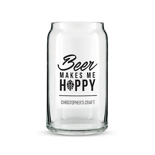 Beer Can Shaped Glass Personalized - Beer Makes Me Hoppy Printing White