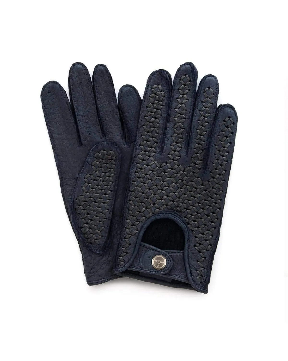 BESPOKE - Peccary Leather Driving Gloves - Blue/Dark Grey