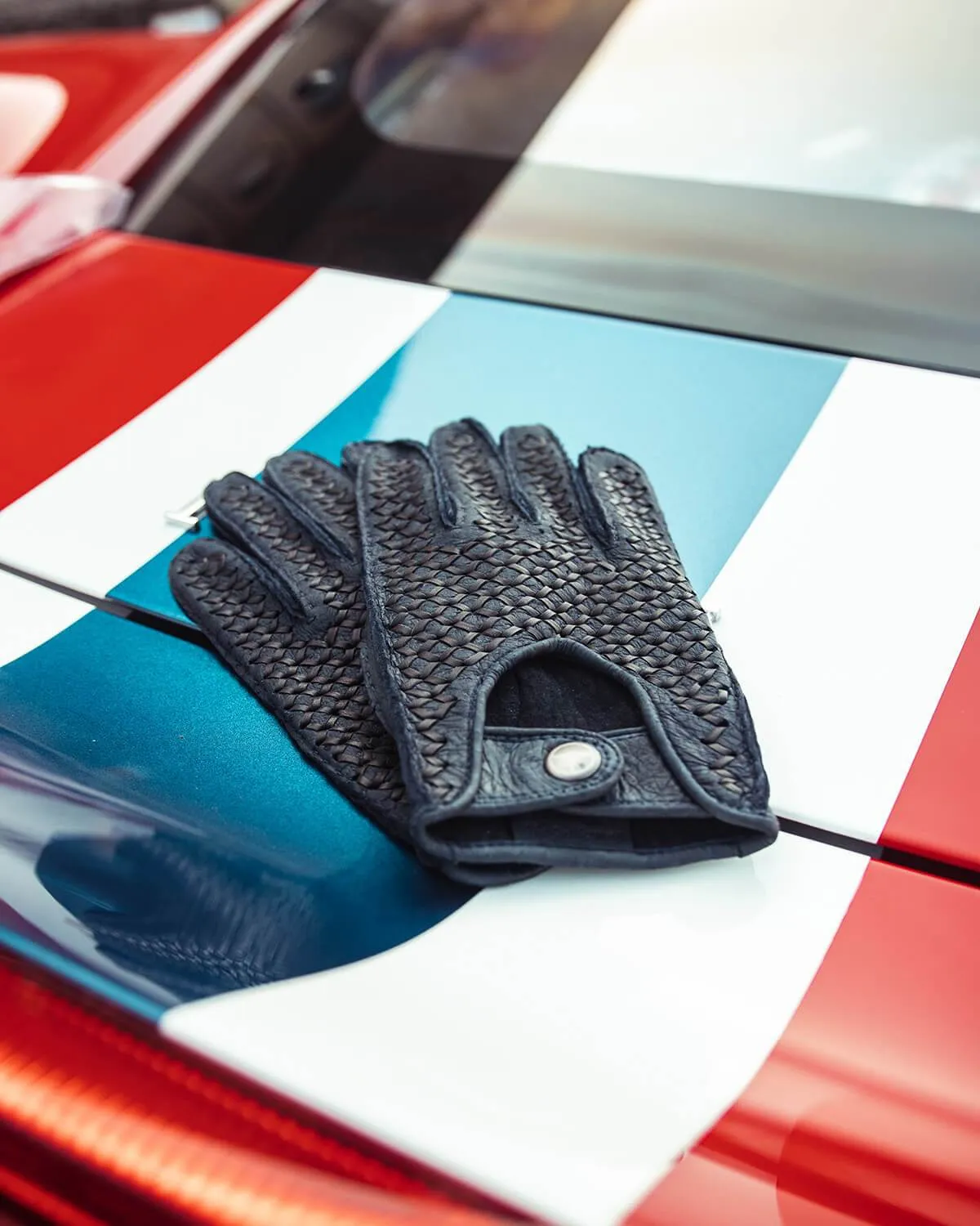 BESPOKE - Peccary Leather Driving Gloves - Blue/Dark Grey