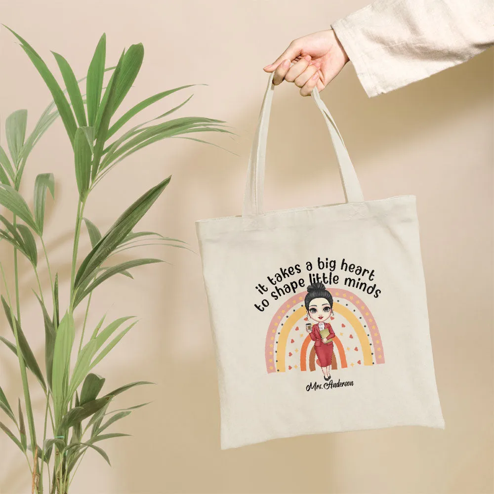Big Heart Shapes Little Minds - Personalized Tote Bag - Birthday, Back To School Gift For Teachers, Colleagues, New Teacher Gift