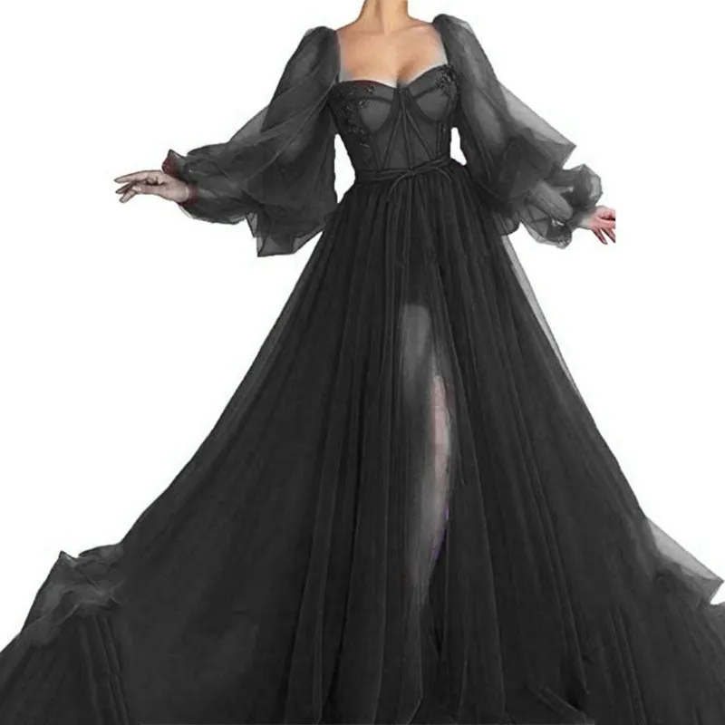 Bohemian Chic Wedding Guest Dress Off-Shoulder Mesh Long Sleeve Wedding Dress Large Swing