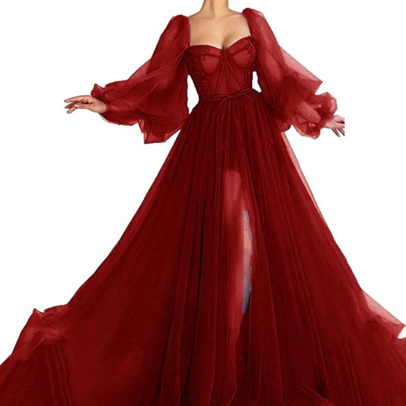 Bohemian Chic Wedding Guest Dress Off-Shoulder Mesh Long Sleeve Wedding Dress Large Swing
