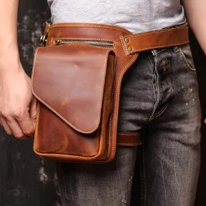 Brown MENS LEATHER FANNY PACK FOR MEN Coffee Drop Leg Bag BUMBAG WAIST BAGS