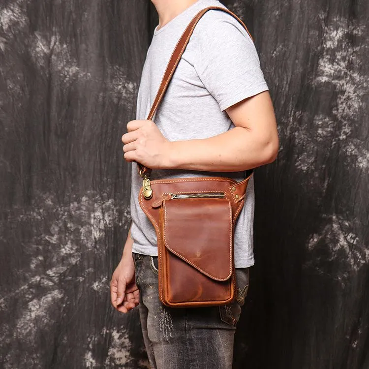 Brown MENS LEATHER FANNY PACK FOR MEN Coffee Drop Leg Bag BUMBAG WAIST BAGS