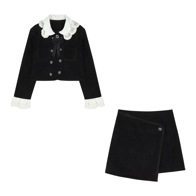 Chic Vintage Autumn Black Jacket Top Lace Ruffled & Mini Skirt Two Piece Set
