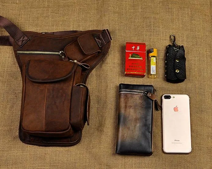 Cool Biker Mens Leather Drop Leg Bag Waist Bag Side Bag Belt Pouch Shoulder Bag for Men