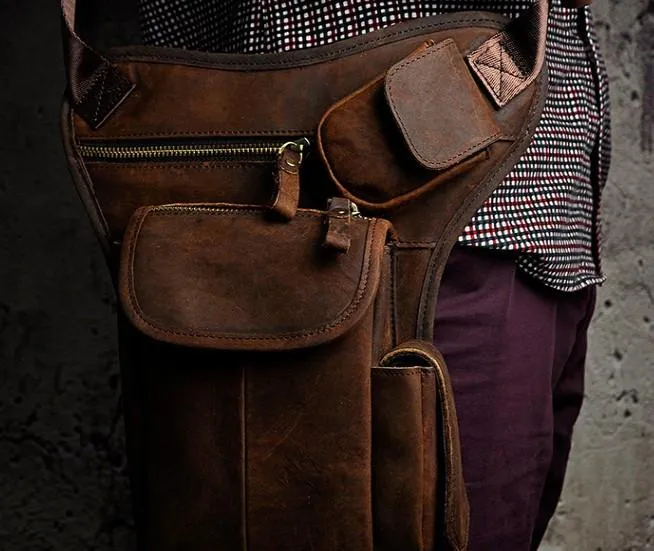 Cool Biker Mens Leather Drop Leg Bag Waist Bag Side Bag Belt Pouch Shoulder Bag for Men
