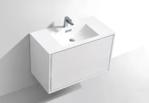 DeLusso 36" High Glossy White Wall Mount Modern Bathroom Vanity