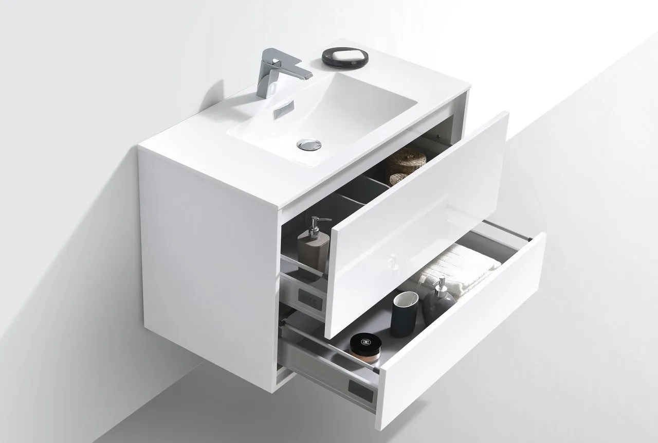 DeLusso 36" High Glossy White Wall Mount Modern Bathroom Vanity
