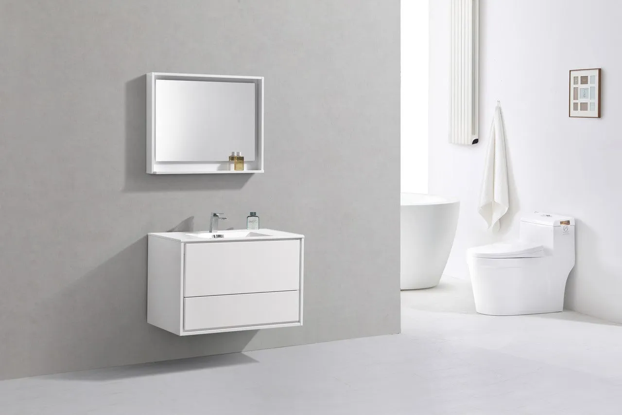 DeLusso 36" High Glossy White Wall Mount Modern Bathroom Vanity