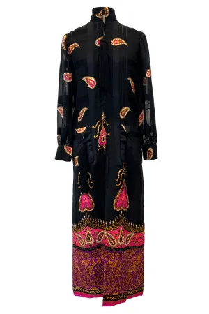 Documented Fall 1970 Valentino Printed Black Ribbon Silk Chiffon Dress w Huge Tassel Detail
