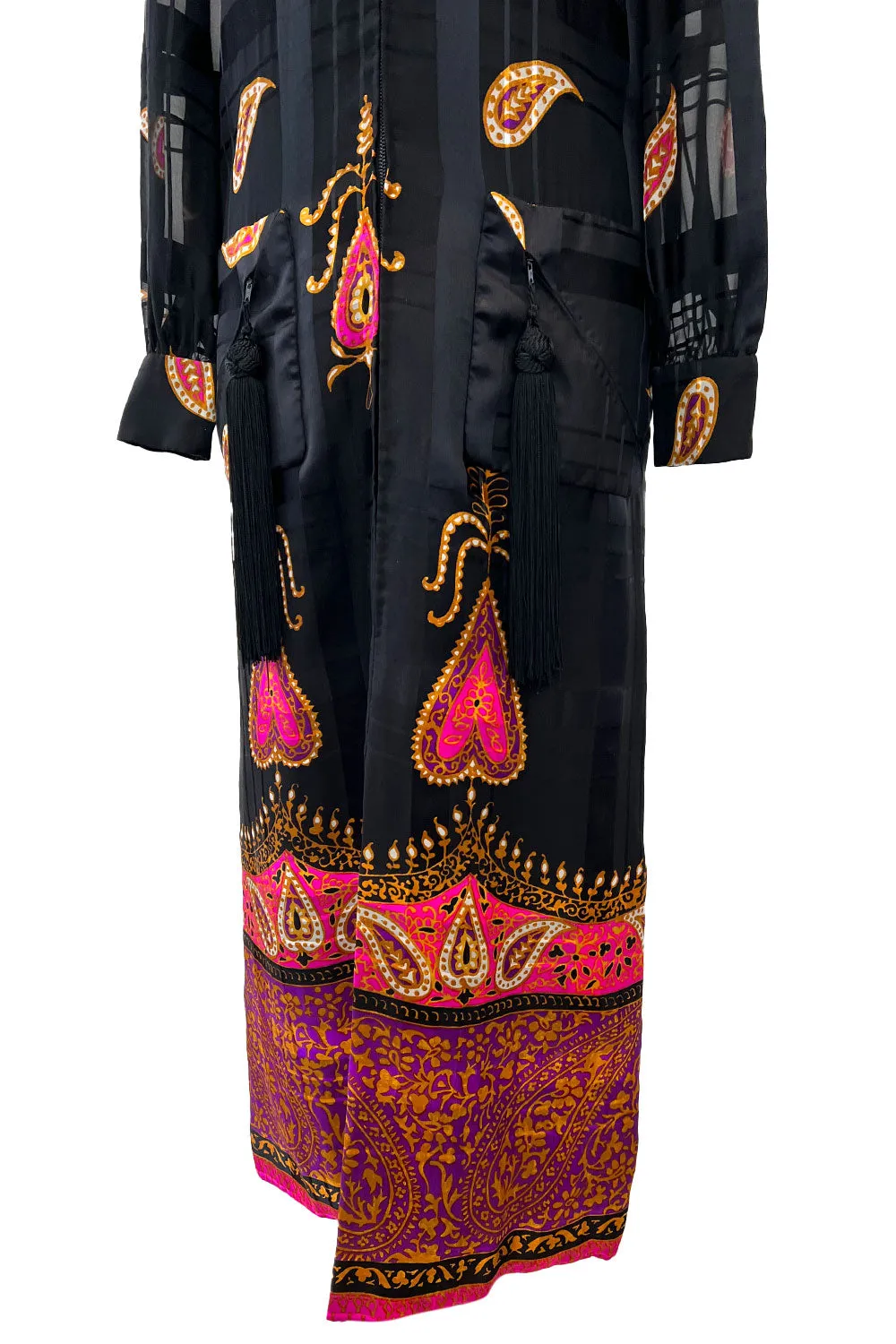 Documented Fall 1970 Valentino Printed Black Ribbon Silk Chiffon Dress w Huge Tassel Detail