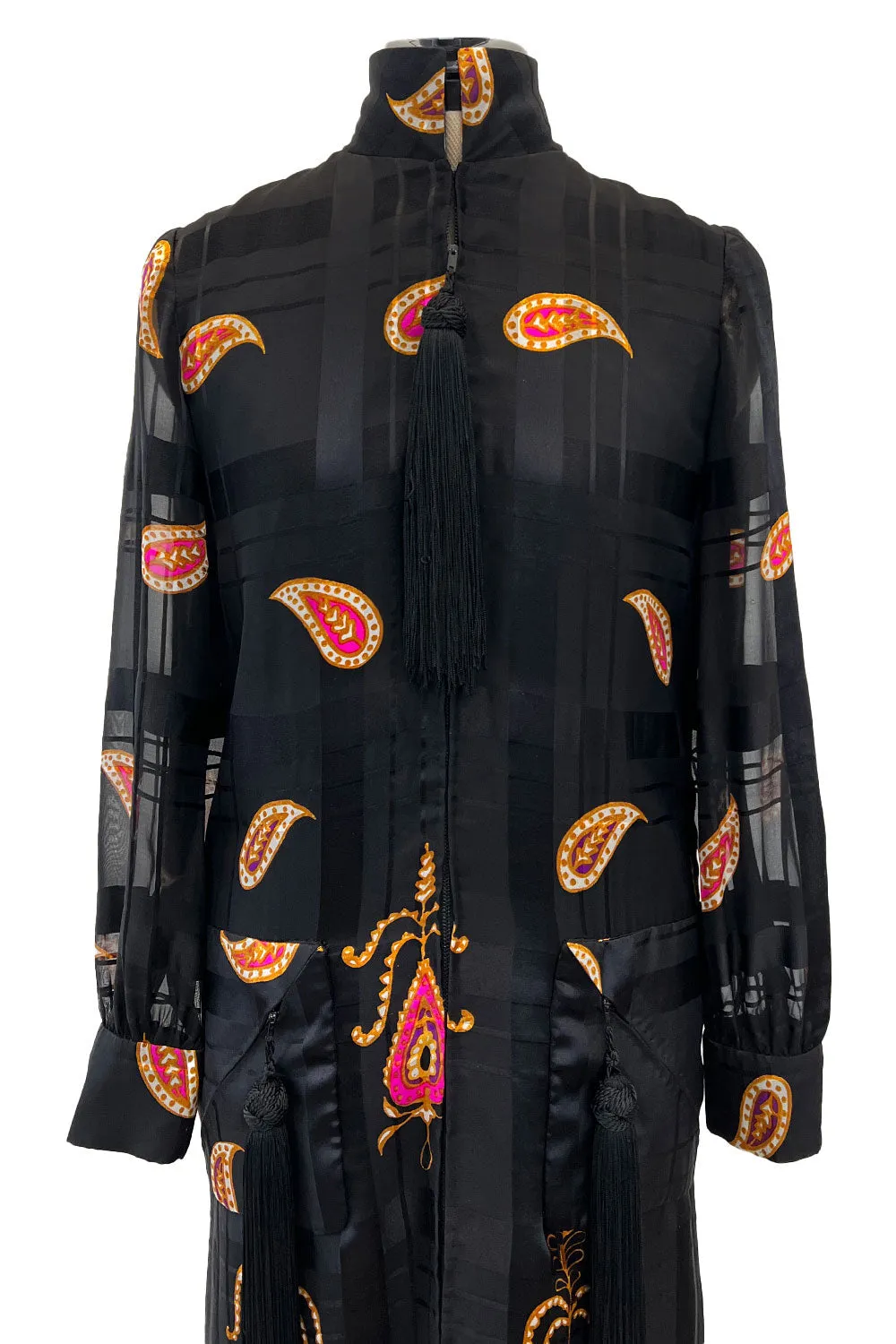 Documented Fall 1970 Valentino Printed Black Ribbon Silk Chiffon Dress w Huge Tassel Detail