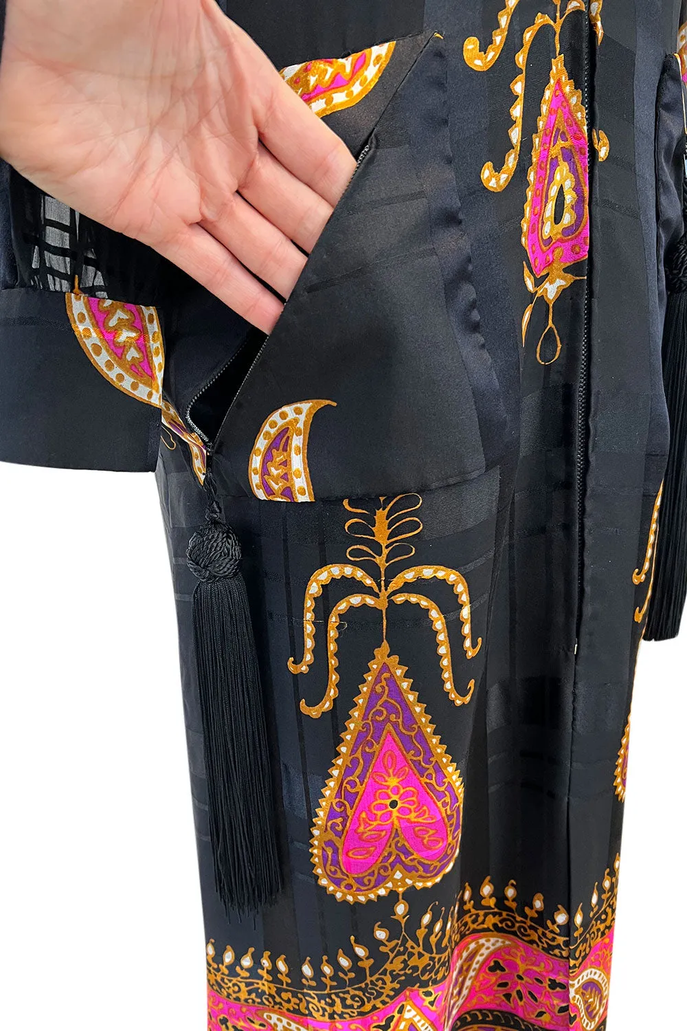 Documented Fall 1970 Valentino Printed Black Ribbon Silk Chiffon Dress w Huge Tassel Detail