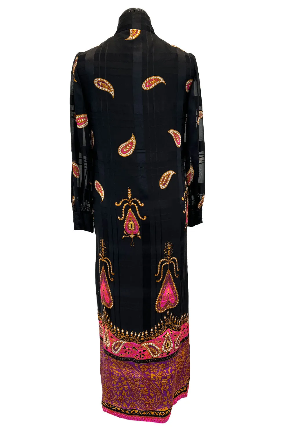 Documented Fall 1970 Valentino Printed Black Ribbon Silk Chiffon Dress w Huge Tassel Detail
