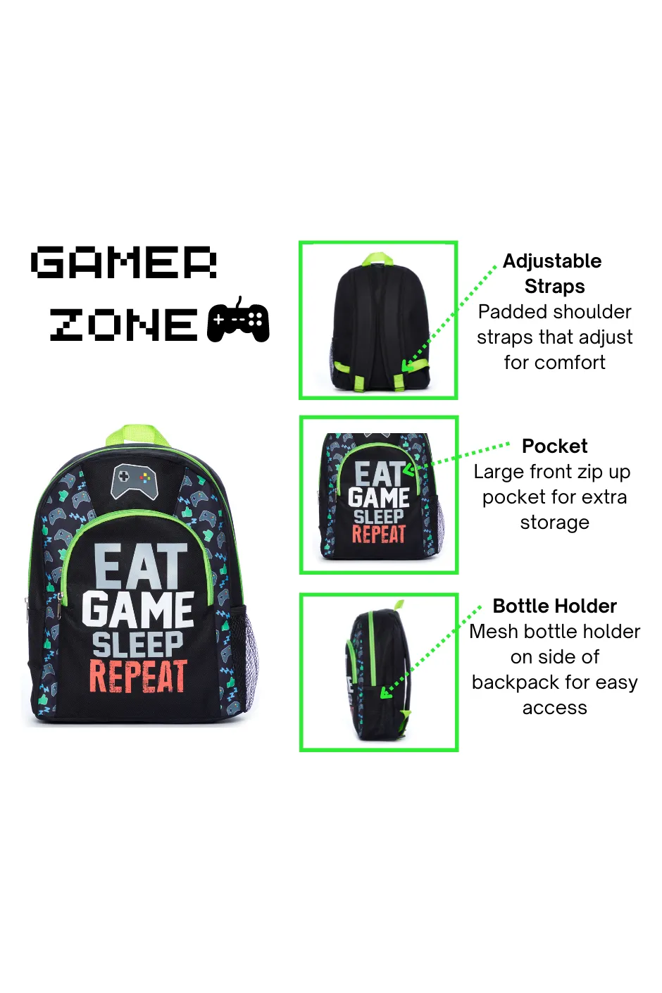 Eat Game Sleep School Bag, Kids Boys Gamer Backpack