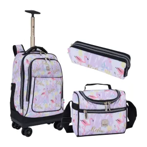 Flamingo 8-Wheels School Backpack Trolley Set (Lunch bag & Pencil Case)