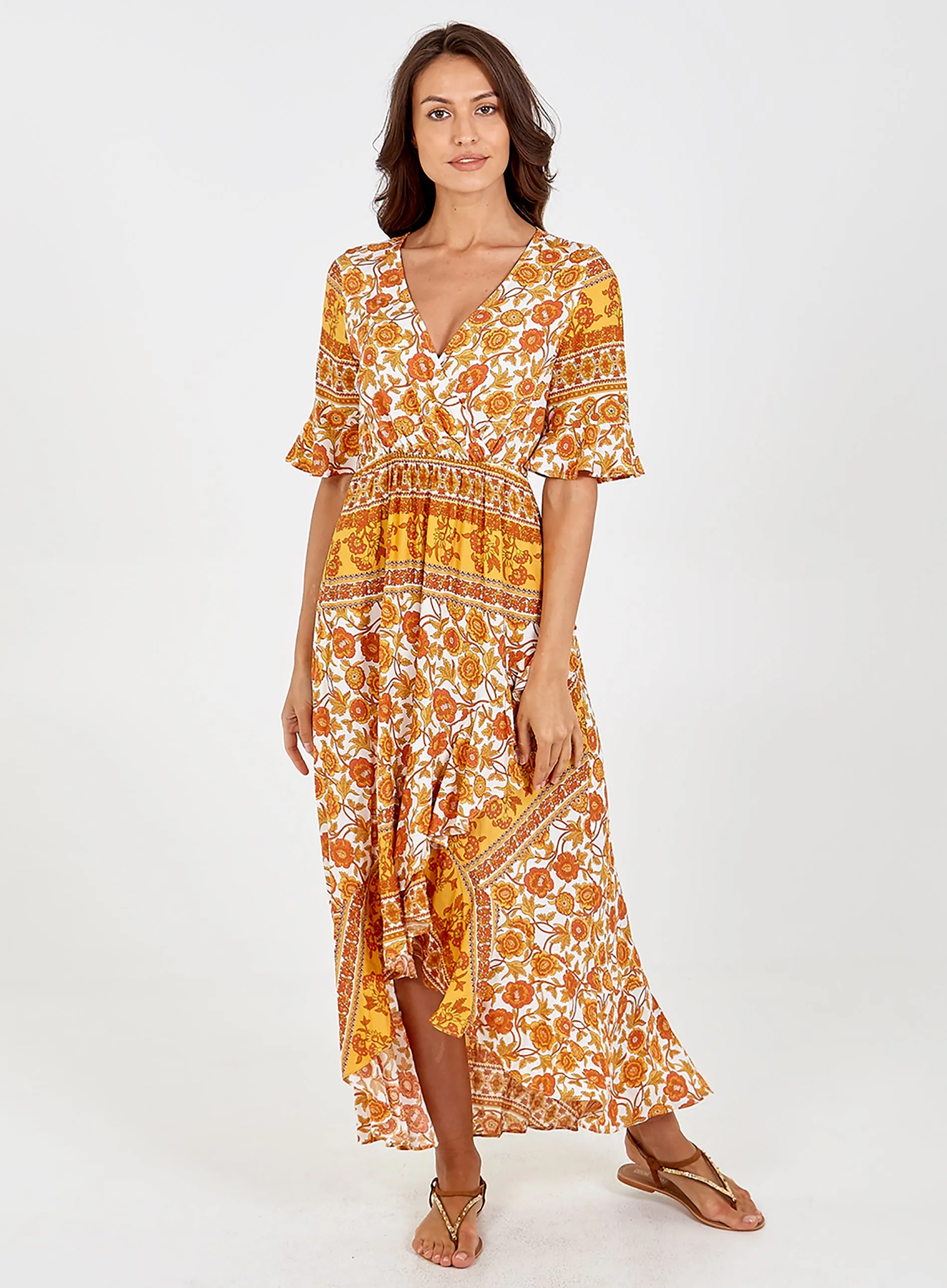 Floral Wrap Front Ruffle High Low Dress