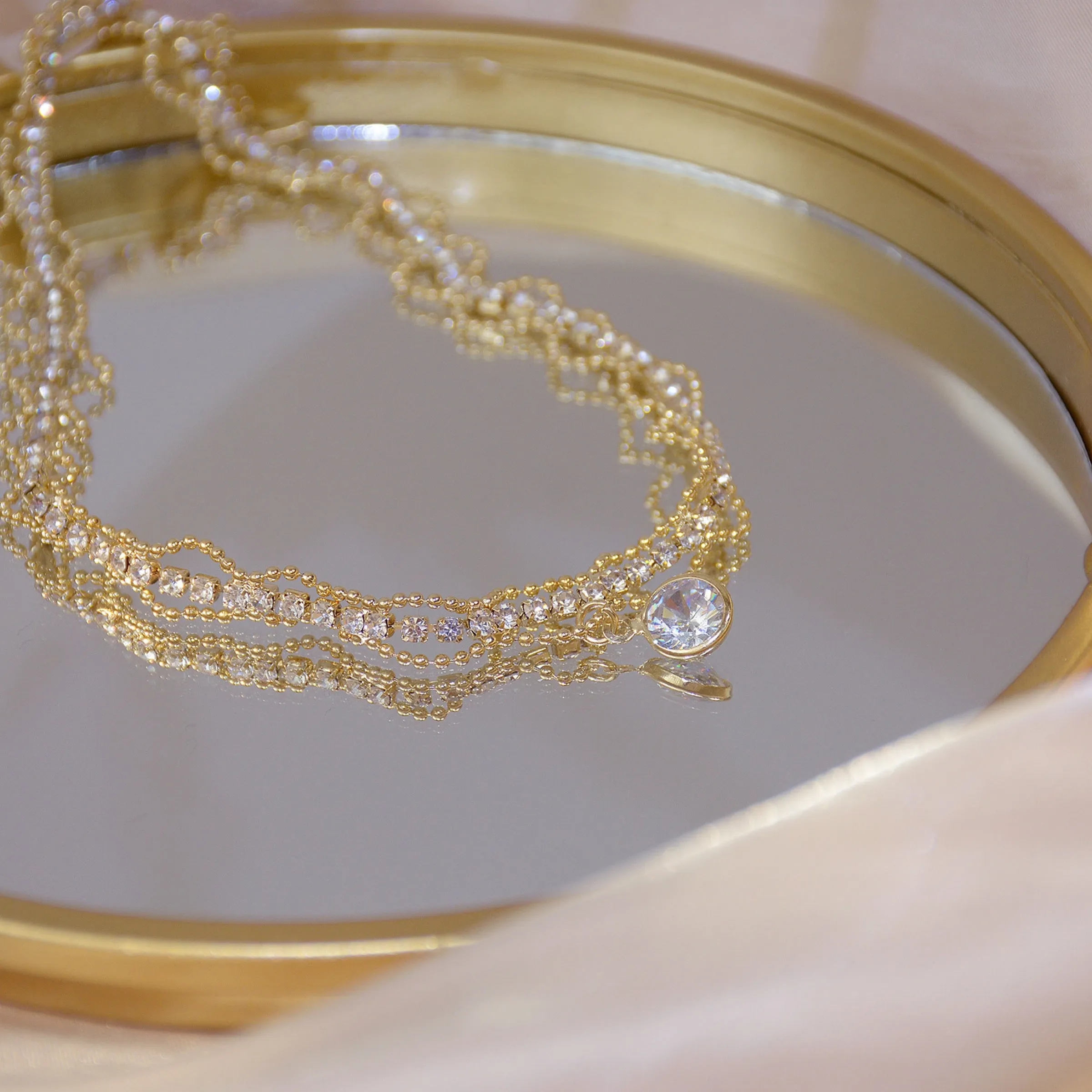 French Retro Style Pretty Lace Teardrop Crystal Chain Necklace