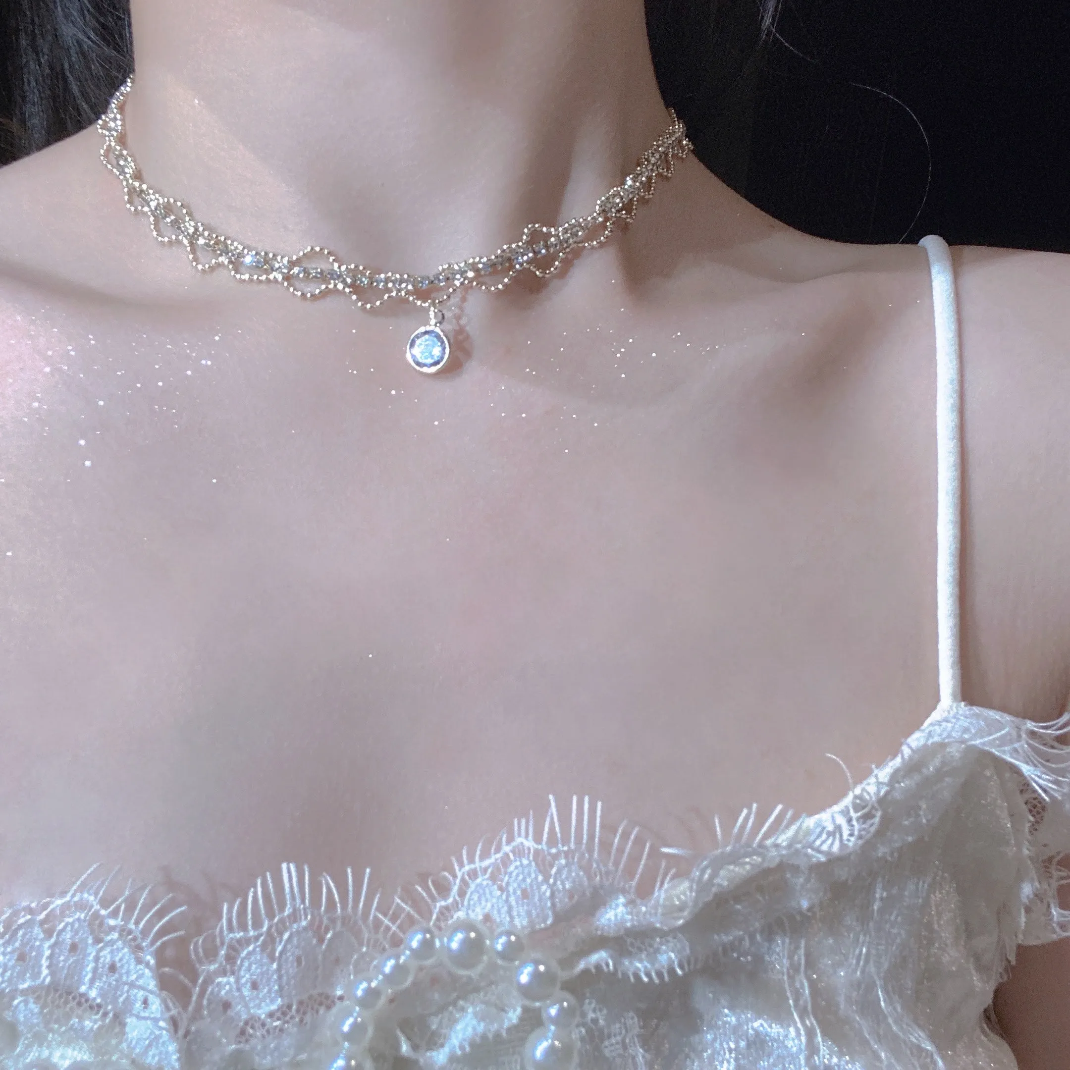 French Retro Style Pretty Lace Teardrop Crystal Chain Necklace