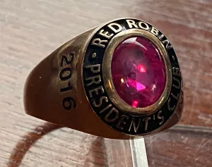 Gold Plate Red Robin Presidents Club Ring Pink Cabochon Sz 10.75