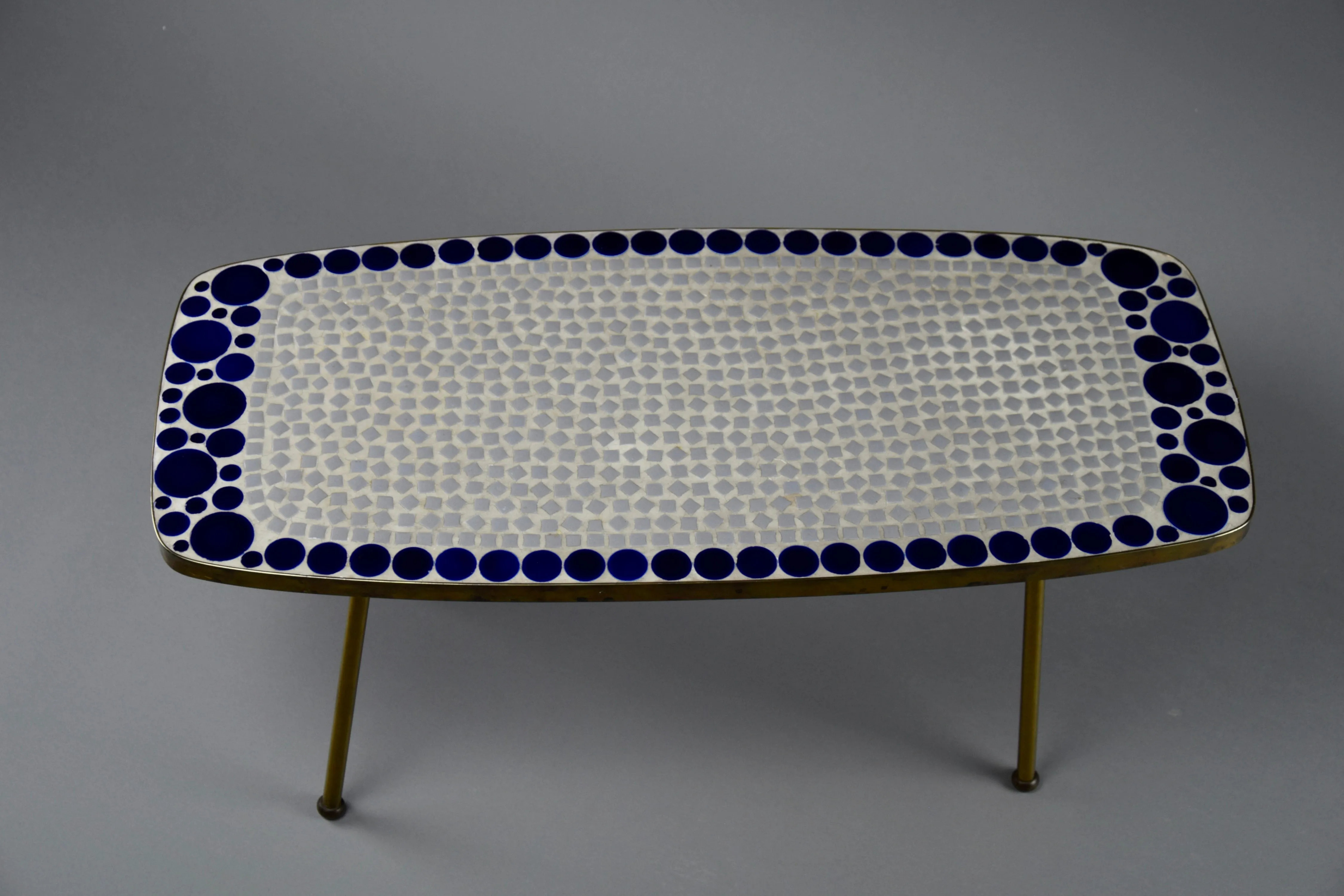 Grey and Blue Glass Mosaic Brass Mid-Century Modern Side Table