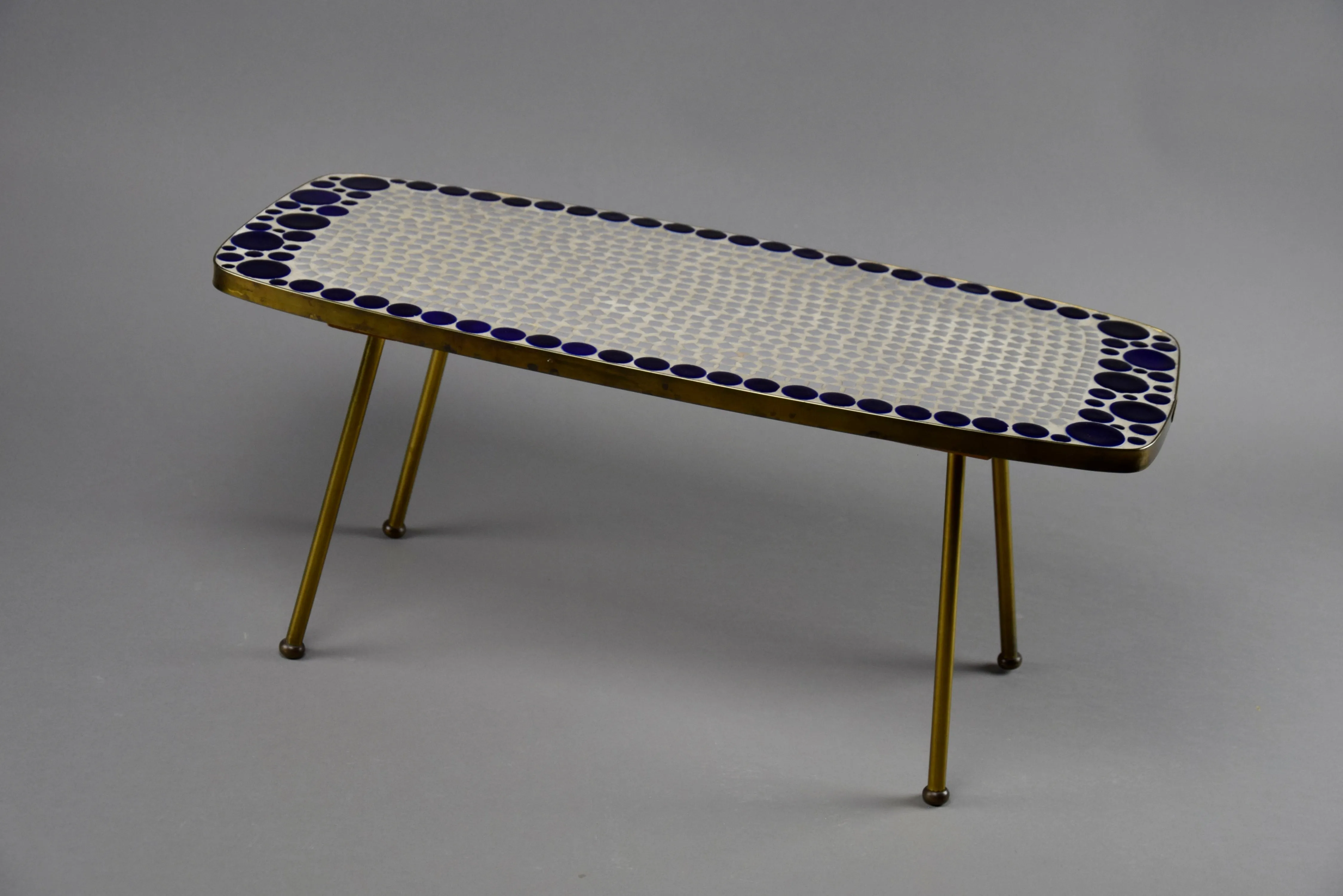 Grey and Blue Glass Mosaic Brass Mid-Century Modern Side Table