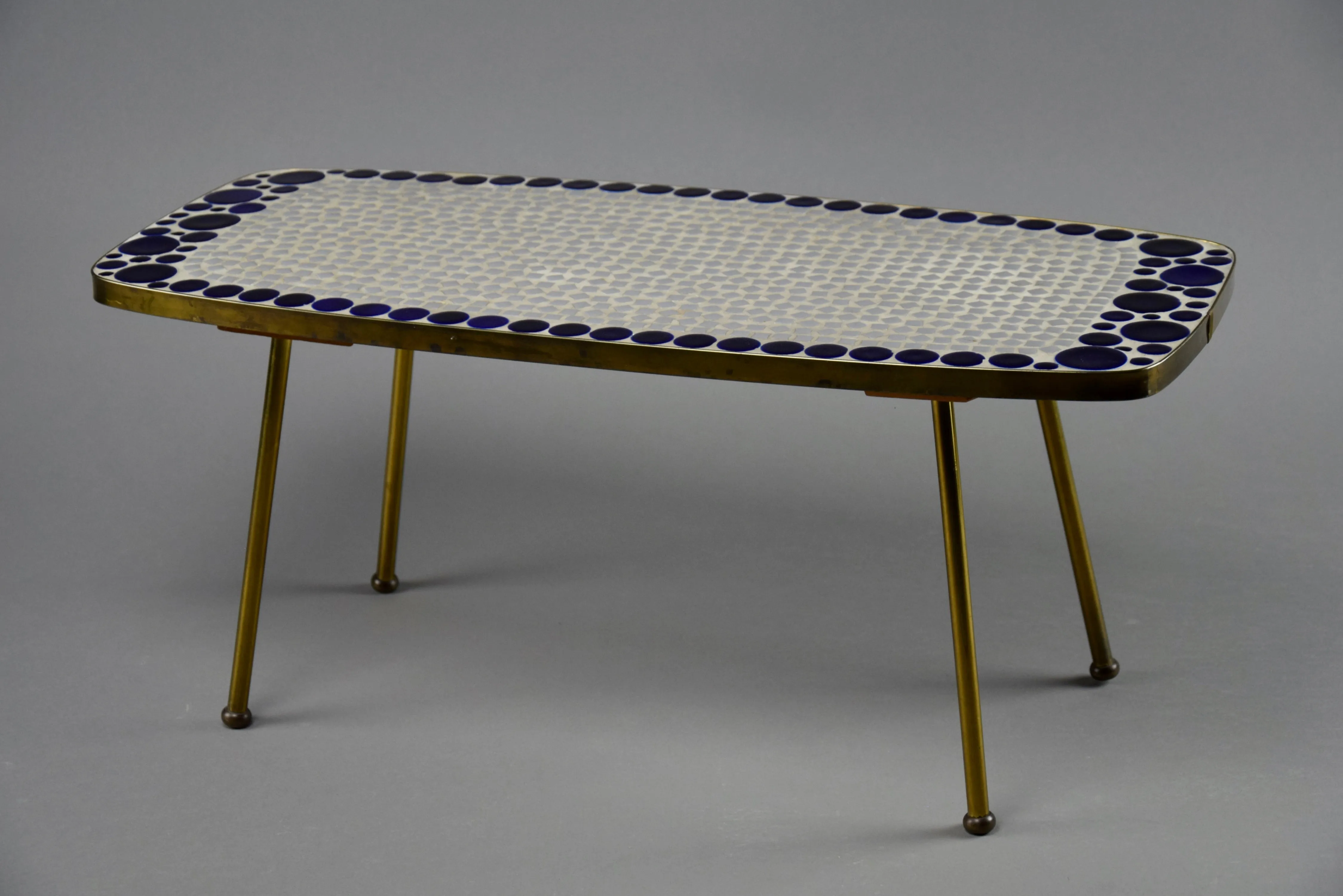 Grey and Blue Glass Mosaic Brass Mid-Century Modern Side Table