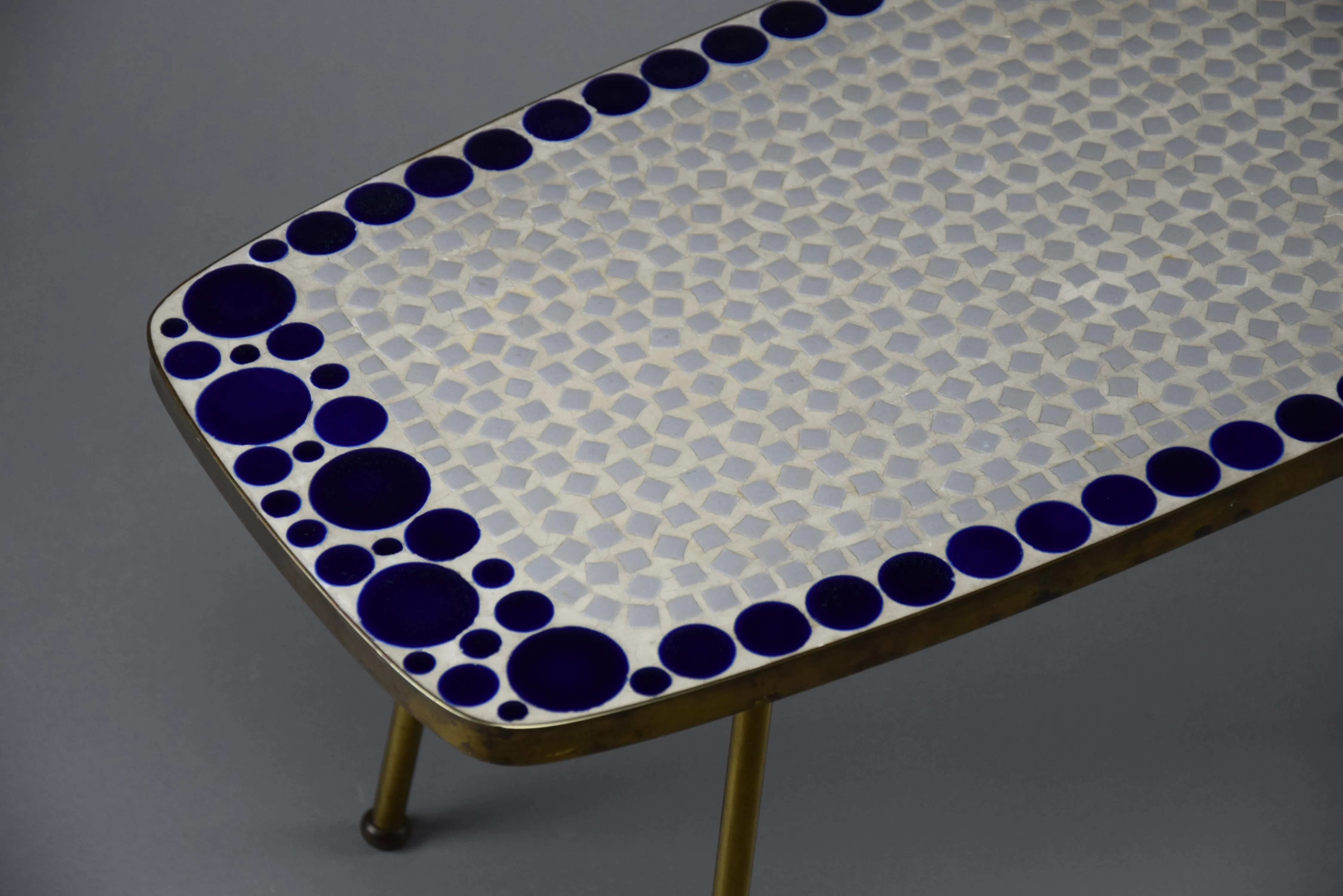 Grey and Blue Glass Mosaic Brass Mid-Century Modern Side Table