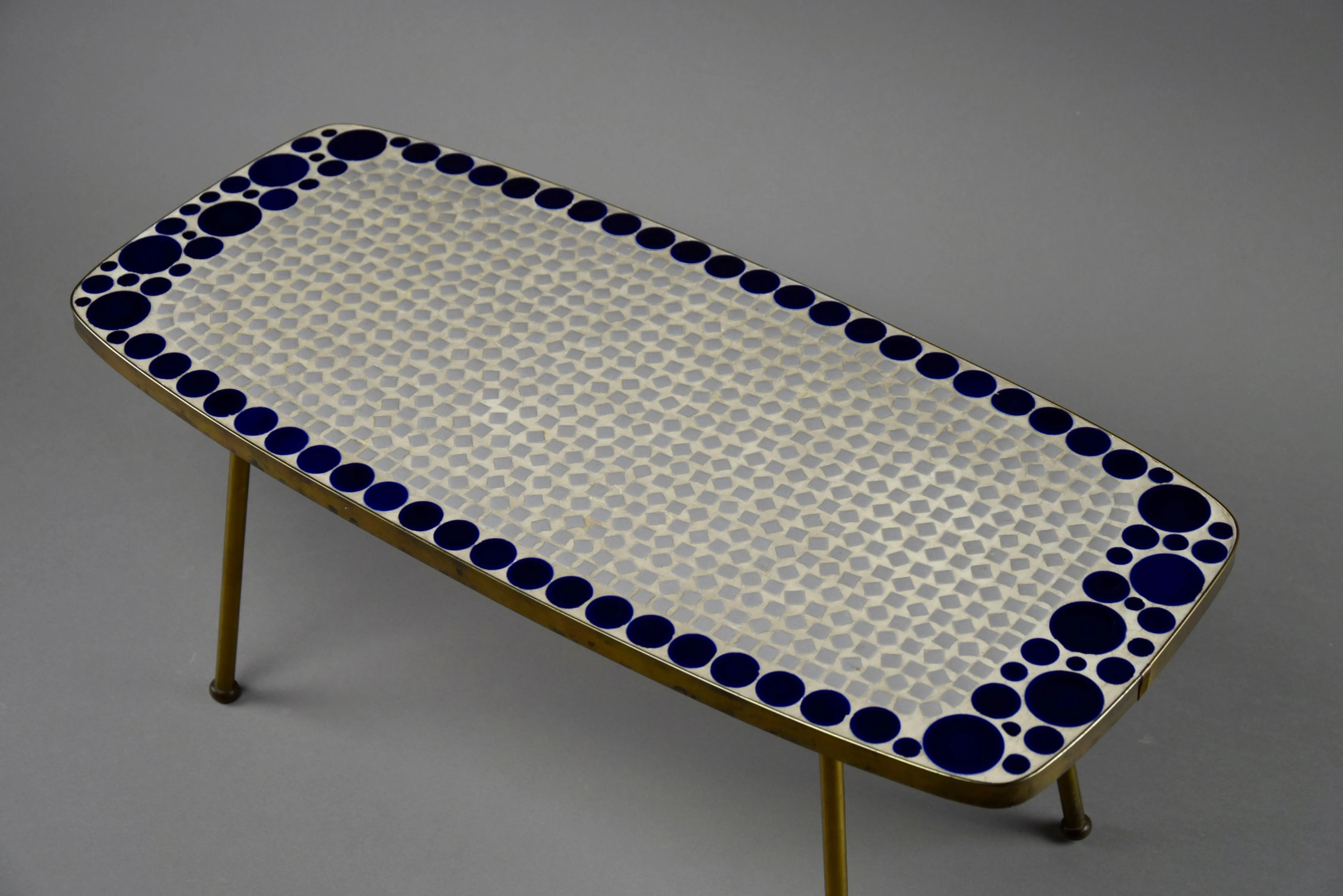Grey and Blue Glass Mosaic Brass Mid-Century Modern Side Table