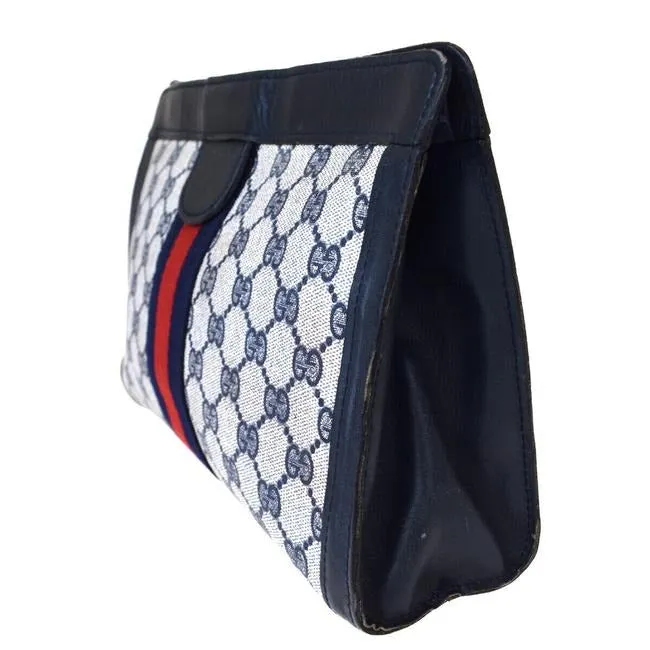 Gucci Navy Guccissima Print Coated Canvas & Navy Leather Clutch with Red & Blue Sherry Stripe & Velcro Closure