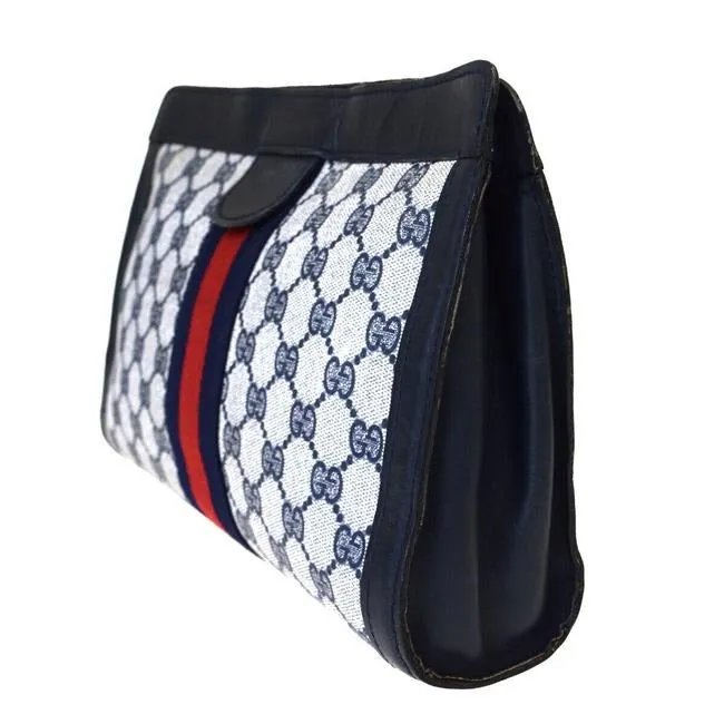 Gucci Navy Guccissima Print Coated Canvas & Navy Leather Clutch with Red & Blue Sherry Stripe & Velcro Closure