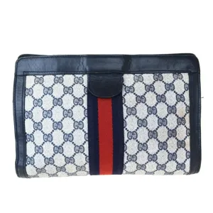 Gucci Navy Guccissima Print Coated Canvas & Navy Leather Clutch with Red & Blue Sherry Stripe & Velcro Closure