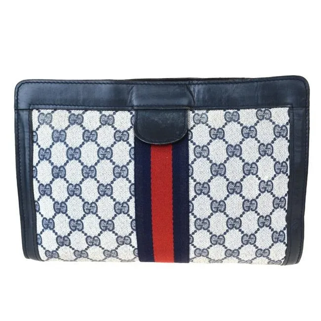 Gucci Navy Guccissima Print Coated Canvas & Navy Leather Clutch with Red & Blue Sherry Stripe & Velcro Closure