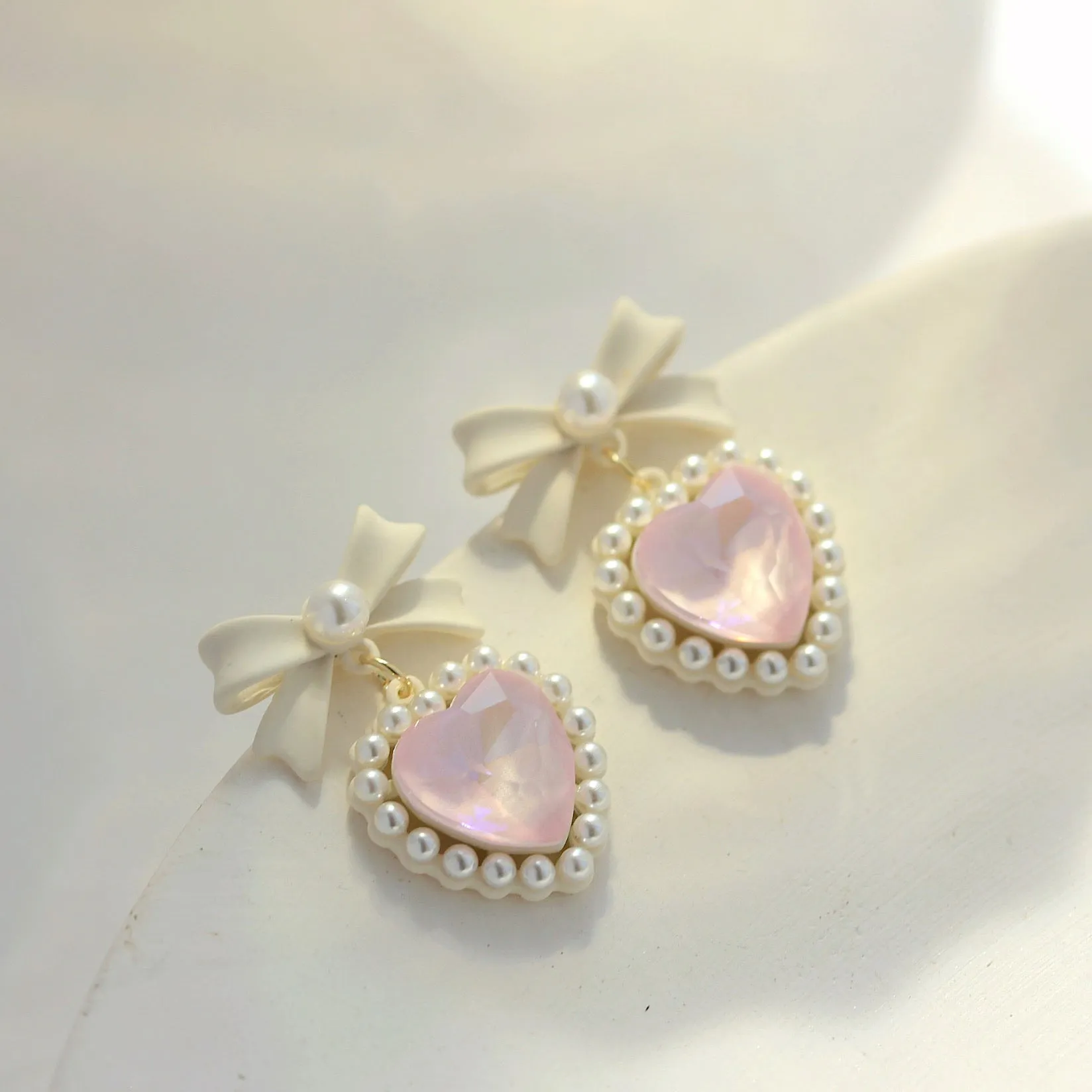 Heart Bow Pearl Coquette Girl Sweet Earrings