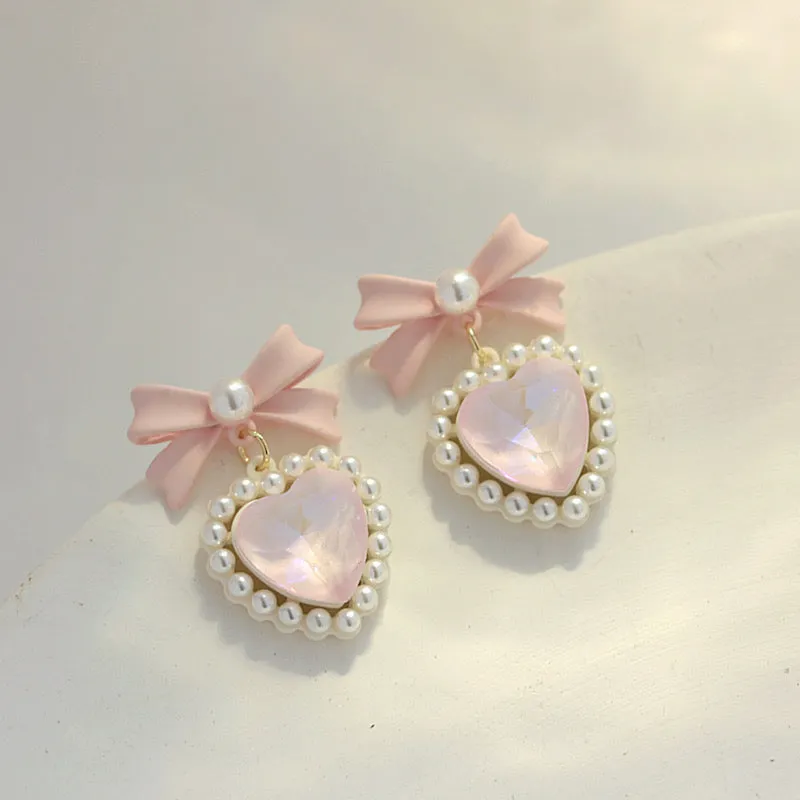 Heart Bow Pearl Coquette Girl Sweet Earrings