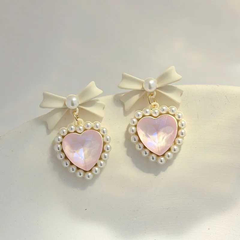 Heart Bow Pearl Coquette Girl Sweet Earrings