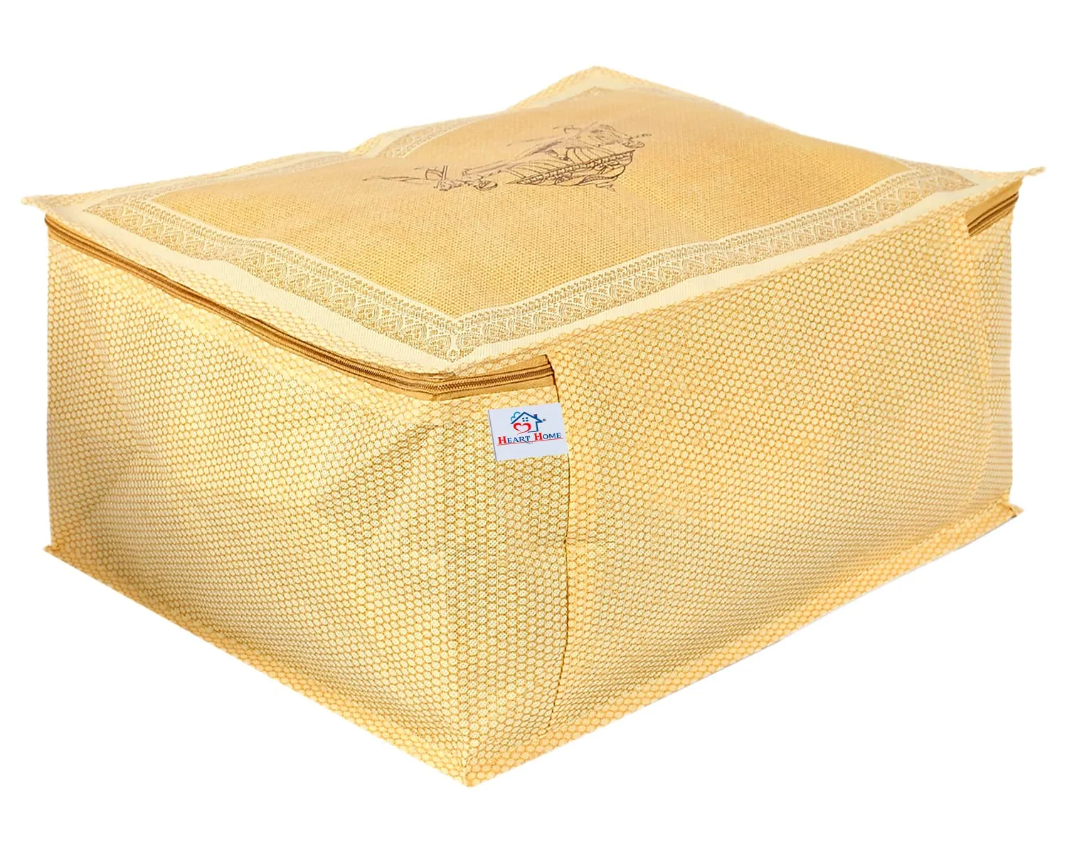 Heart Home Doli Printed Non-woven Foldable Underbed/Storage Bag/Wardrobe Organizer With Transparent Window- Pack of 4 (Gold)-50HH01813
