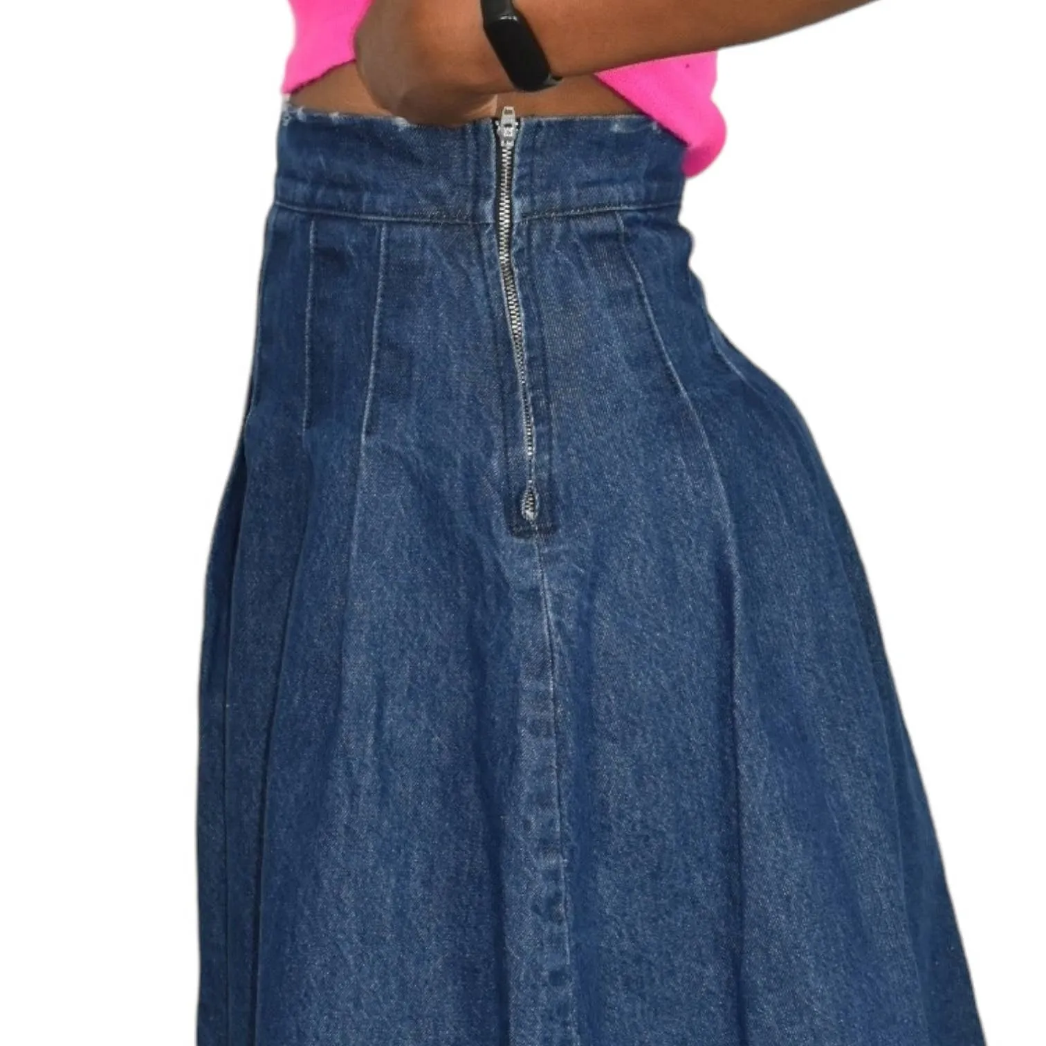 Kaos Jean Skirt Jean Blue Denim Midi Pleated Flare Rigid Medium Wash High Waist Size 40