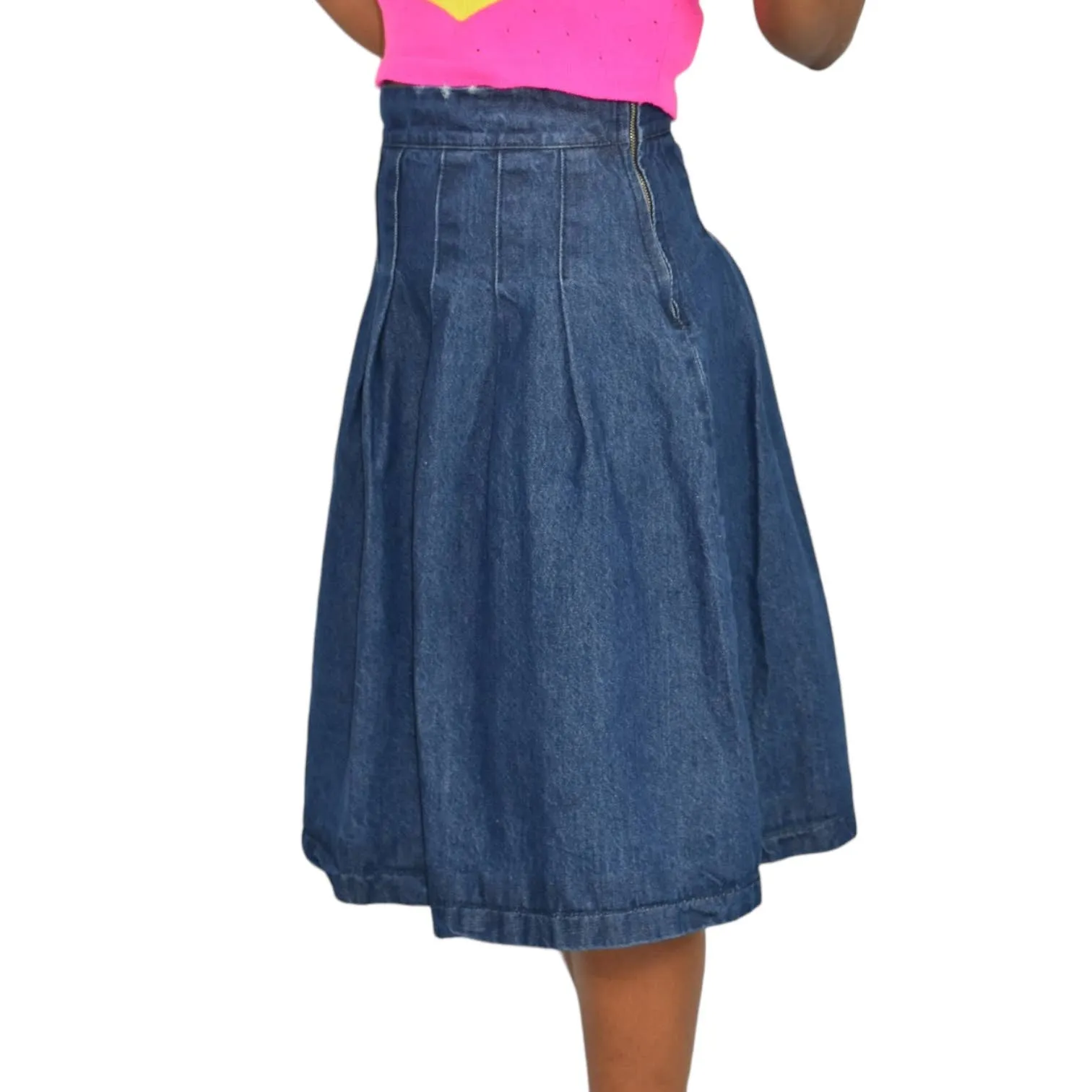 Kaos Jean Skirt Jean Blue Denim Midi Pleated Flare Rigid Medium Wash High Waist Size 40