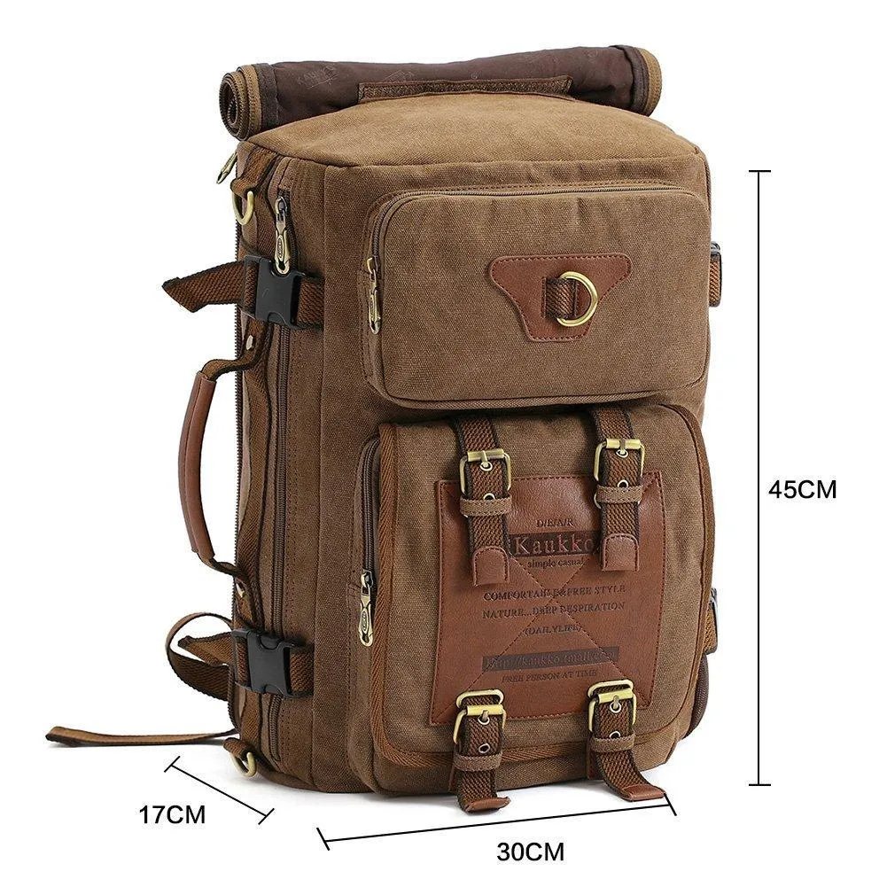 KAUKKO Vintage Canvas Backpack Handbag Shoulder Bag Multi-purpose Outdoor Travel Men Backpack, 22L ( Khaki )